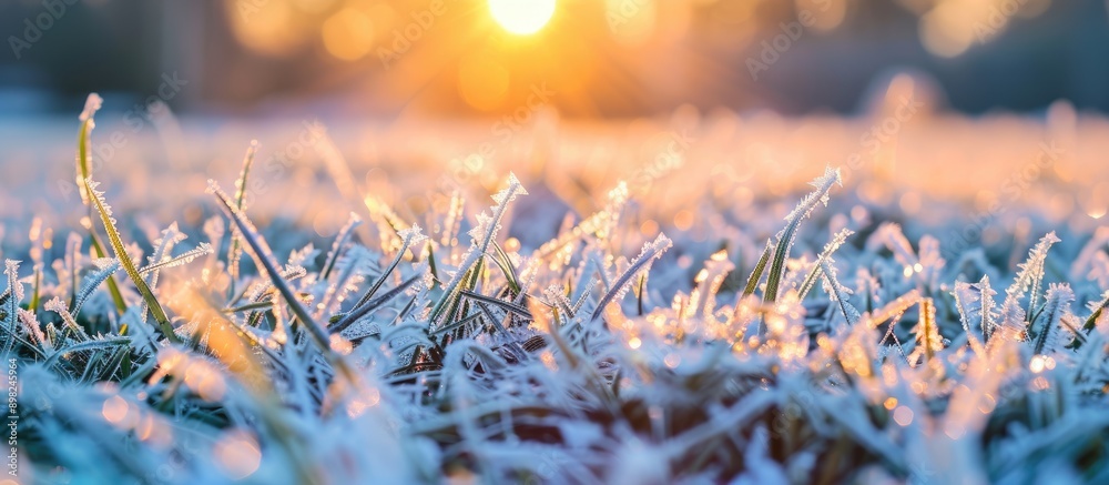 Fototapete capturing a close up image of frost covered grass at sunrise on an early spring morning ideal for ma