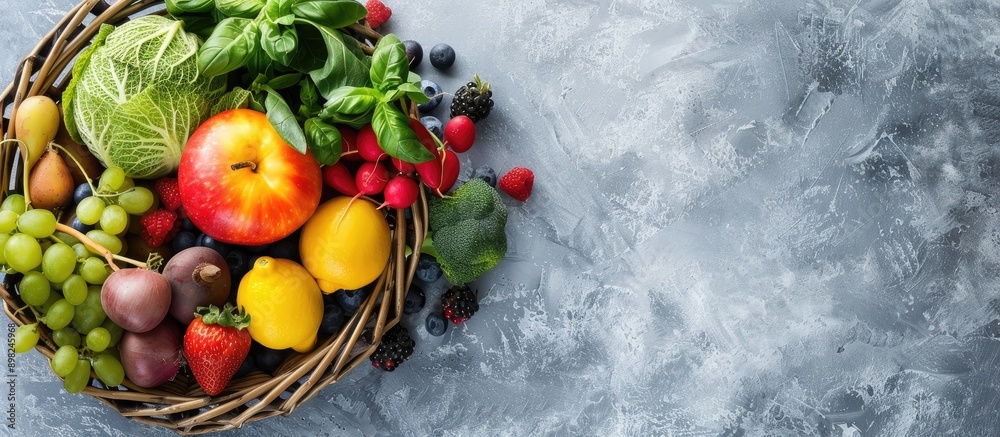 Poster Basket containing a variety of fresh fruits and vegetables placed on a gray table with a blank space for an image. Creative banner. Copyspace image