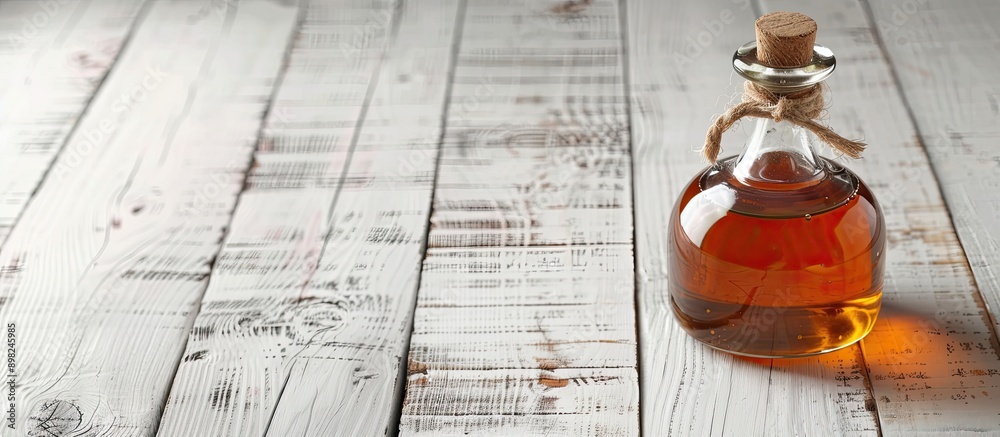 Poster close up of a bottle of apple cider vinegar on a white wooden table with copy space image included