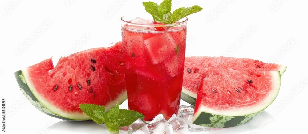 Poster cold watermelon juice with ice and mint in a glass beside two watermelon slices on a white backgroun