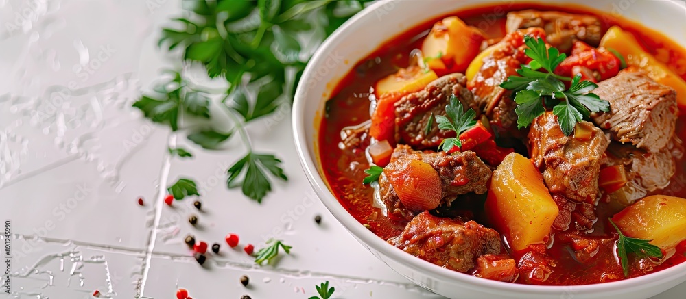 Poster close up of a tasty goulash in a bowl on a white tiled table with copy space image available
