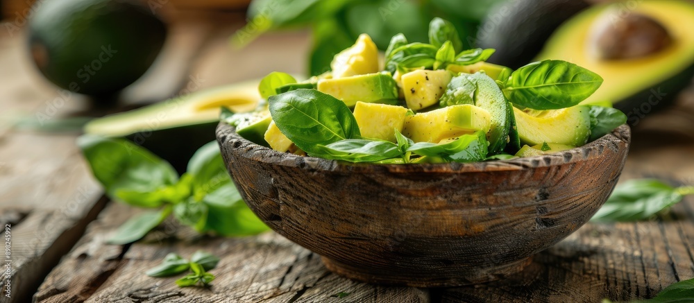 Poster Avocado salad placed on a rustic table with copy space image featuring fresh green leaves as a meal or snack