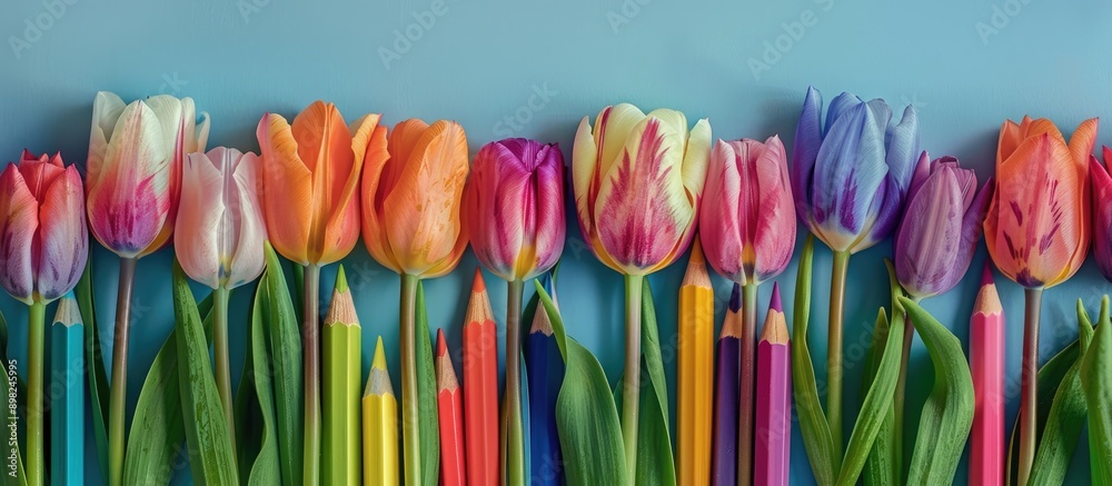 Poster Colorful tulips displayed against a backdrop of assorted pencil hues creating a vibrant artistic copy space image