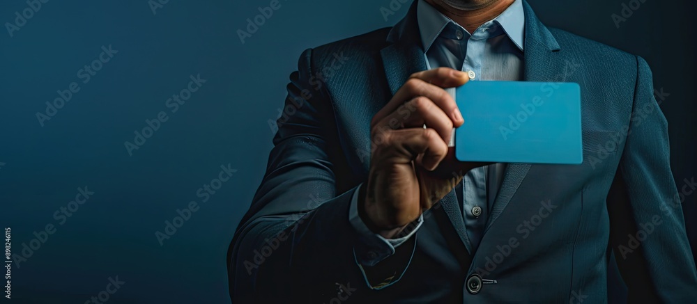 Fototapete a businessman displaying a blue card against a dark gradient backdrop with ample copy space image