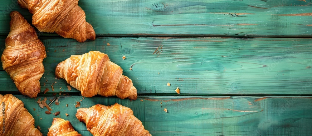 Poster close up of delectable croissants on a green wooden backdrop with ample copy space image