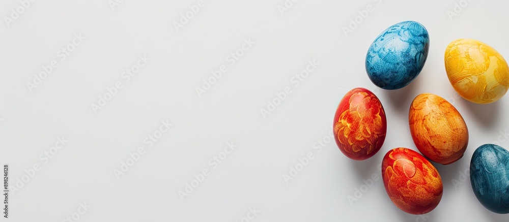 Fototapete Colorful Easter eggs on white background create a stylish image suitable for various uses featuring a flat lay with top view for a mockup or template with copy space image