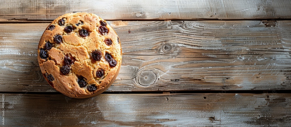 Poster Close up rustic image of a tasty homemade cake with raisins on a light wooden surface perfect for communication materials with empty space for text. Creative banner. Copyspace image