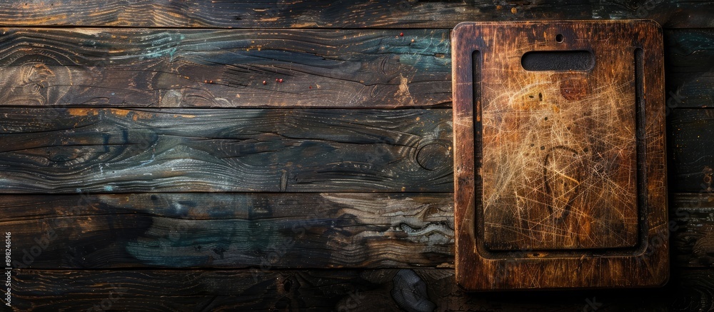 Aufkleber Top down view of an antique cutting board on a dark wooden surface with ample copy space in the image