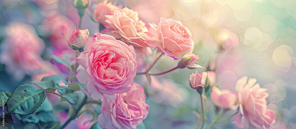 Poster Collage of roses blooming in summer with a soft pastel tone selective focus perfect for adding text or graphics against a blank background in an image. Creative banner. Copyspace image