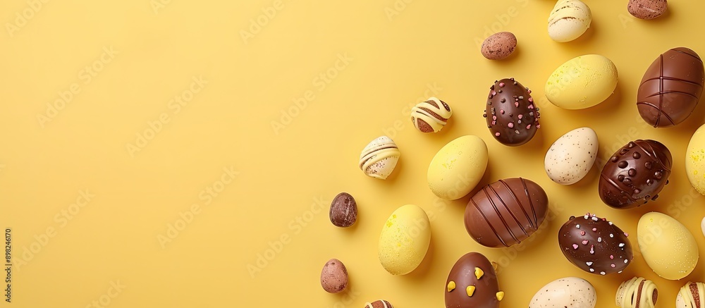 Poster flat lay arrangement of chocolate easter eggs and sweets on a yellow backdrop with a view from above