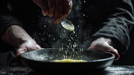 Chef sprinkling flour into a pan. This photo showcases the detail and skill required in cooking, making it ideal for recipe blogs, cooking articles, and food advertising.