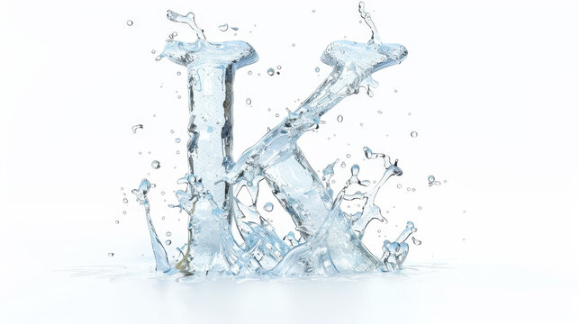 Capital letter K made of blue water splashes or ice on light background. Scrapbook activity. Generative AI