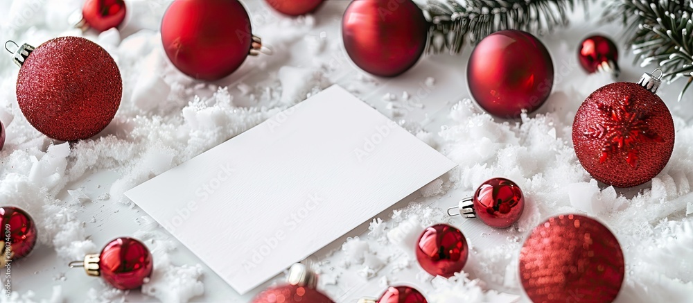 Poster close up composition featuring christmas balls and a blank card on a white background include copy s