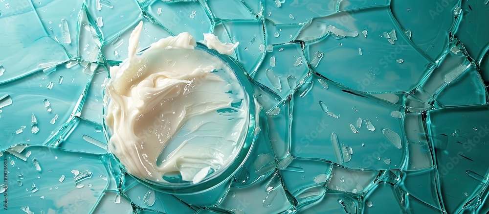 Poster clear liquid cosmetic product smeared on a broken glass surface top view with a copy space image com