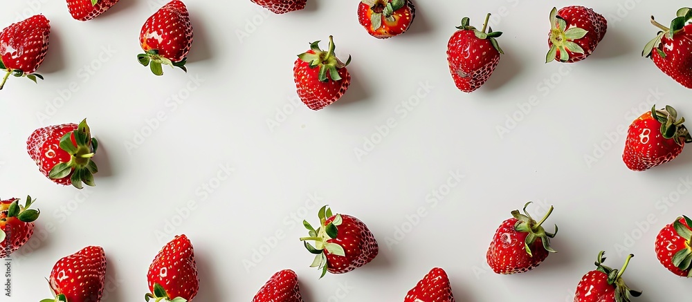 Poster Top down view of a frame constructed with ripe strawberries on a white background offering ample space for additional images