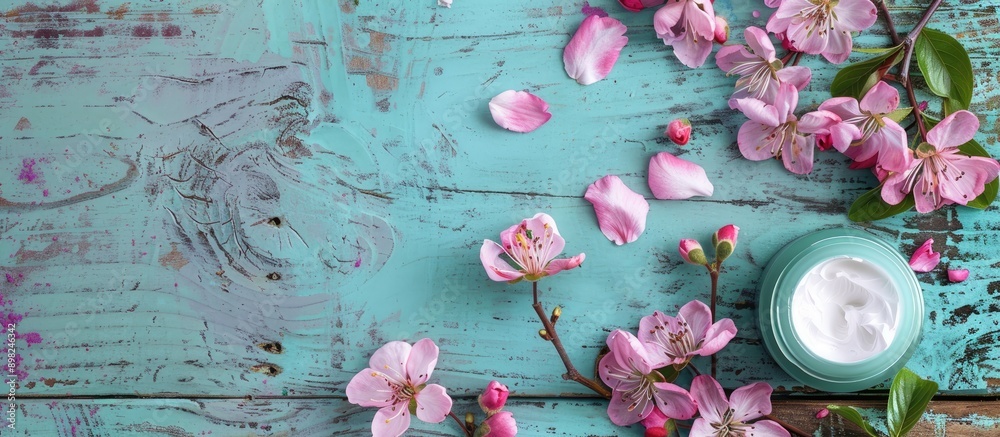 Aufkleber cream for hands and face featuring pink flowers on a vibrant weathered wooden surface with ample cop