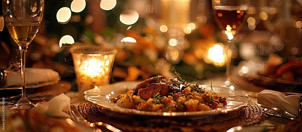 Poster a detailed photo of a beautifully arranged meal on a table with copy space image