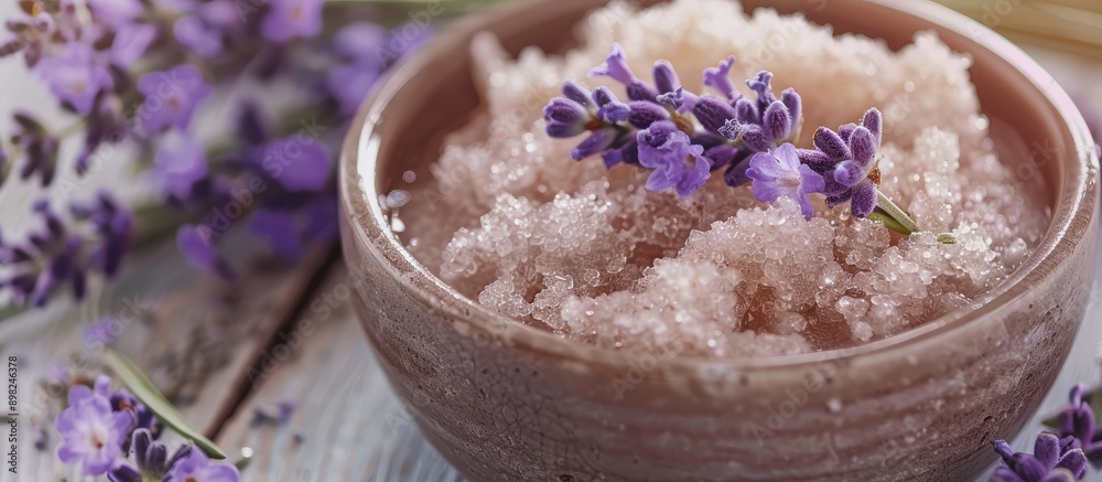 Poster close up view of a bowl containing a sugar scrub with lavender flowers on a table providing copy spa