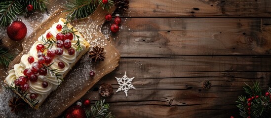 Christmas cake roll with white chocolate cream ready to eat as a festive snack on a rustic table with copy space viewed from the top