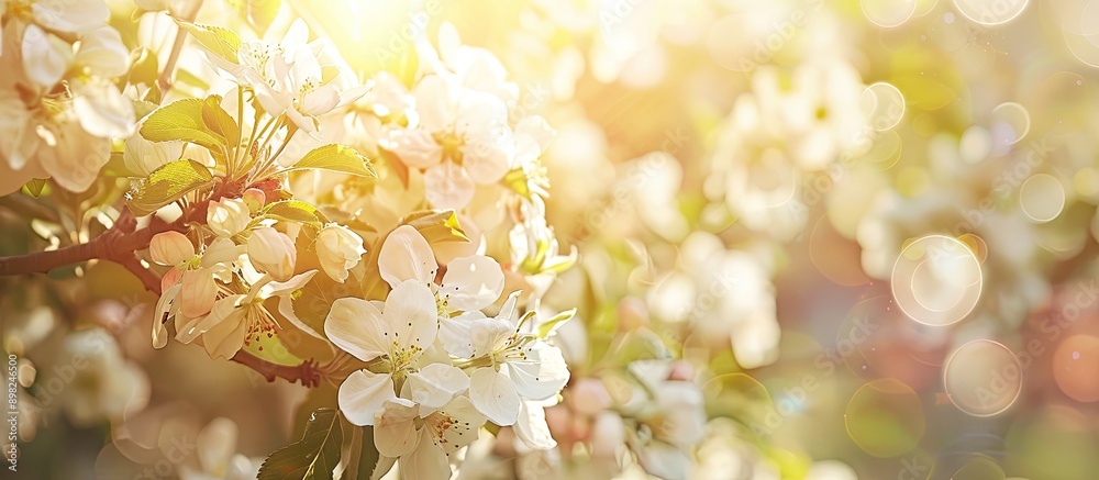 Aufkleber close up macro shot of white apple trees in blossom under the sunny light creating a beautiful summe
