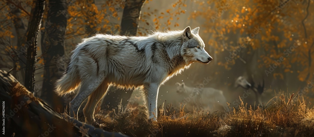 Aufkleber an arctic wolf standing gracefully in a wooded area with empty space for additional images
