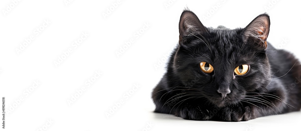Poster Black cat with a charming appearance on a white backdrop featuring copy space image