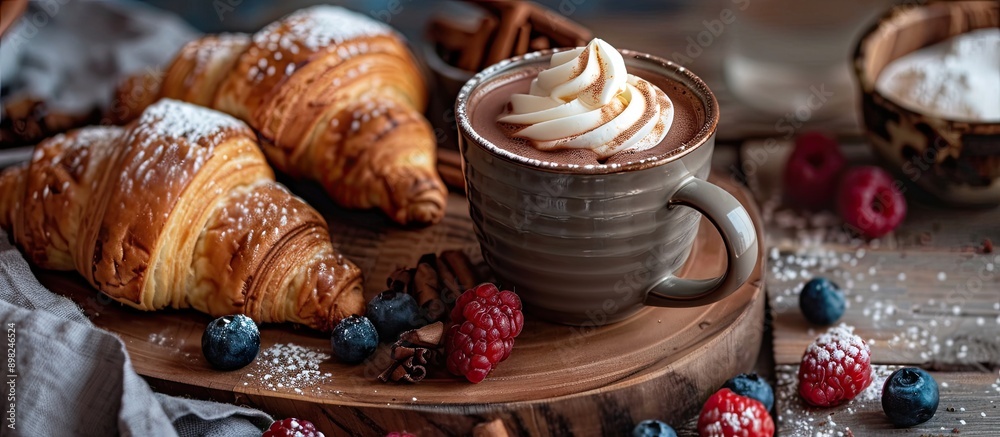 Poster a cozy image of hot chocolate with french croissants berries on a wooden board suitable for adding t