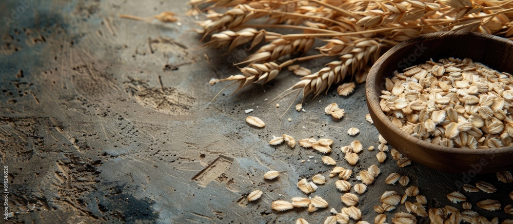 Poster a bountiful harvest of oat ears displayed on a wooden table with a bowl of healthy and fresh dry oat