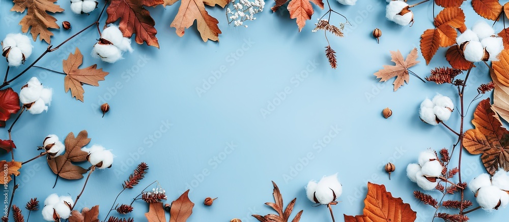 Poster autumn themed flat lay showcasing a frame of cotton flowers and dried leaves on a light blue backgro