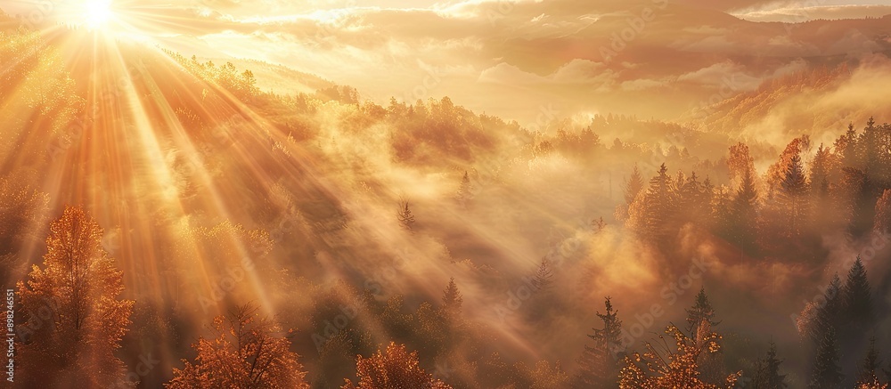 Poster Cloudy autumn sunrise with sun rays filtering through creating a picturesque backdrop suitable for a copy space image