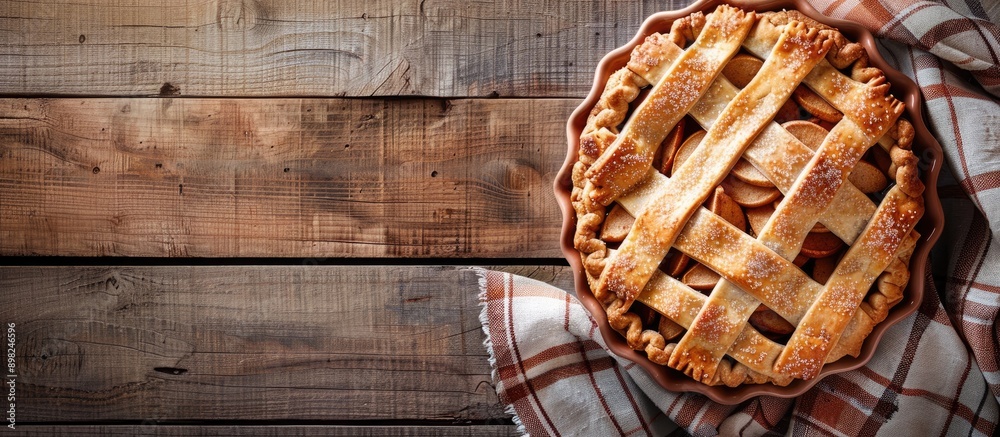Poster A delicious homemade apple pie on a rustic wooden table with a cozy atmosphere and evocative copy space image