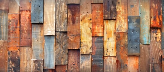 Detailed close up of a wall panel constructed from wooden table planks displaying an abstract surface with copy space image