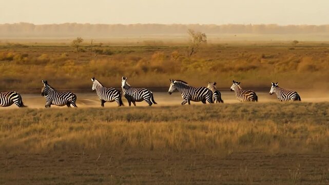 A group of zebras drinking from a river, with the African savanna stretching out behind them.