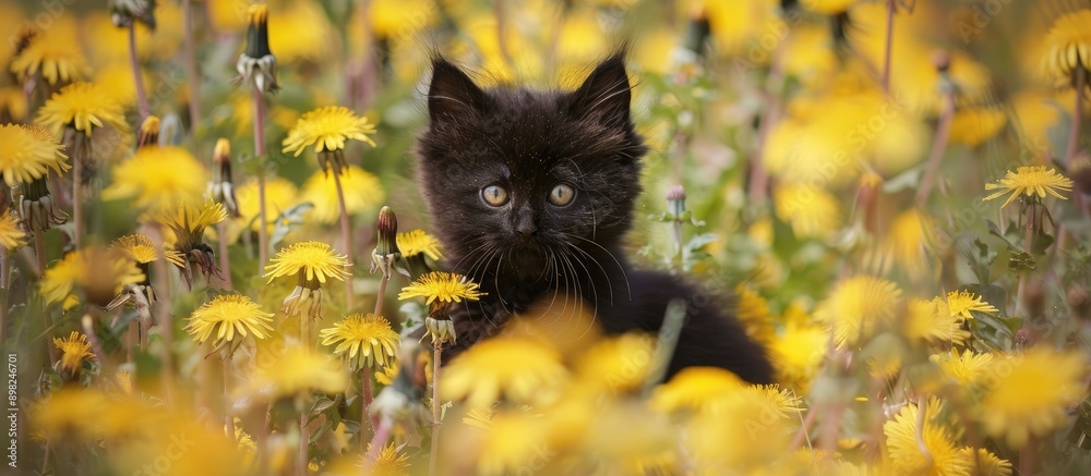 Poster a black kitten with fluffy fur is concealed amidst vivid yellow dandelions in a horizontal banner st