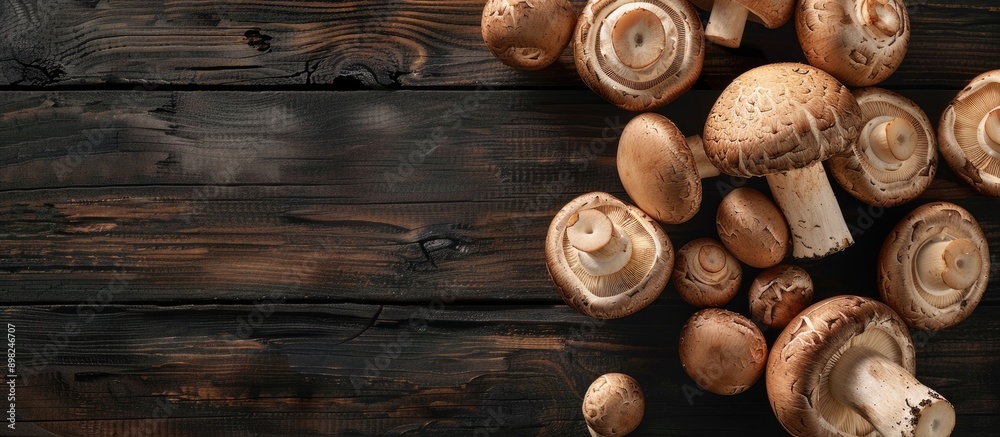 Aufkleber Top down view of champignons mushrooms displayed on a dark wooden surface with ample copy space image available for text