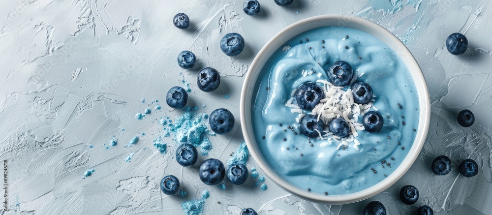 Aufkleber blue yogurt smoothie bowl with blueberries and coconut flour on a light concrete surface background 
