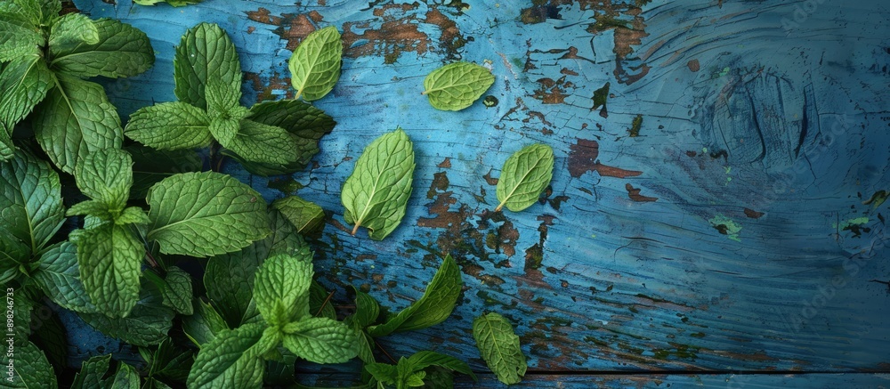 Aufkleber close up view of vibrant wild mint leaves and branches on a blue wooden table background with copy s