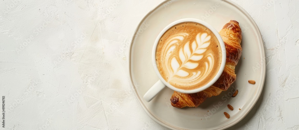 Aufkleber A croissant and latte with artistic foam design displayed on a white surface for an appealing copy space image