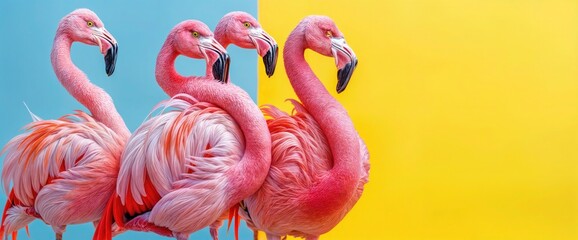 Obraz premium Three Flamingos Against Blue and Yellow Background