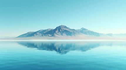  A scene featuring a vast expanse of blue water, a towering mountain backdrop, and an unobstructed, azure sky overhead