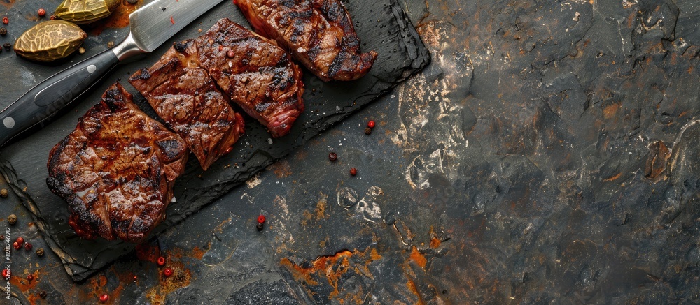 Poster Cowboy steak grilled to perfection on a knife over a stone backdrop ideal for adding text in the copy space image