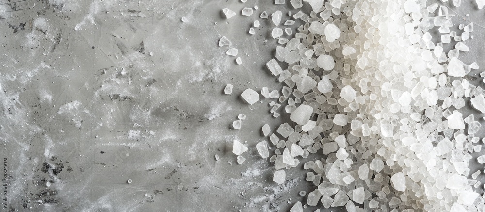 Poster top down view of mineral bath salt on a grey background with ample copy space for text or images