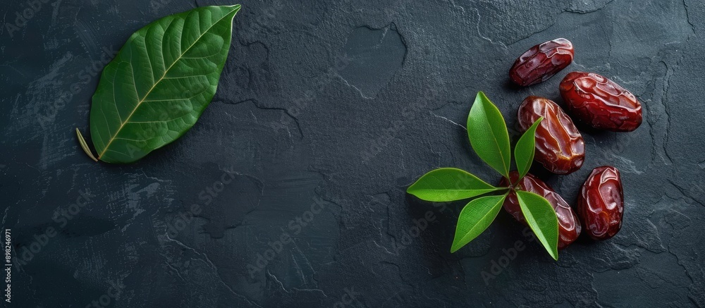 Fototapete Flat lay composition featuring branches of sweet dried dates a green leaf on a black table ideal for text placement in copy space image