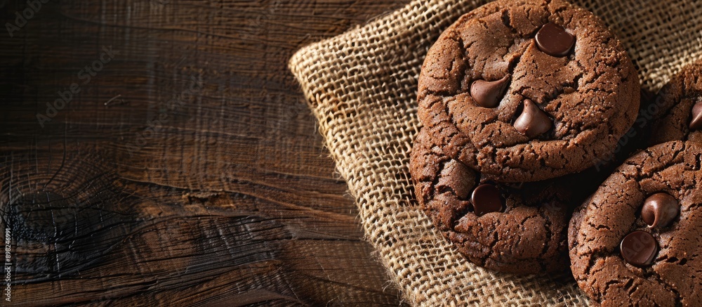 Aufkleber delicious homemade chocolate cookies displayed on burlap with copy space image