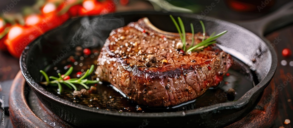 Poster cooking steak on a cast iron pan set against a background with ample copy space image
