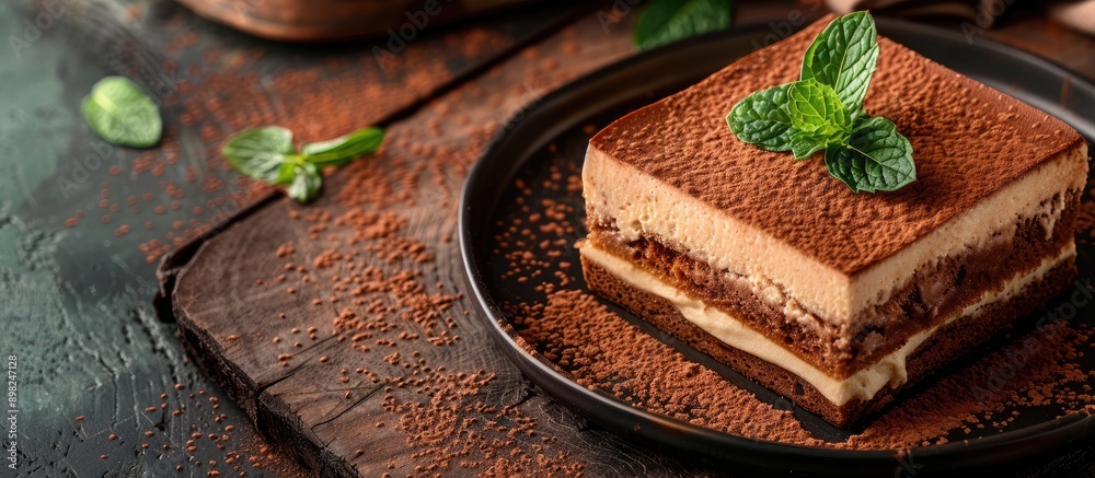 Poster an appetizing tiramisu dessert set on a dark wooden backdrop adorned with fresh mint featuring ample