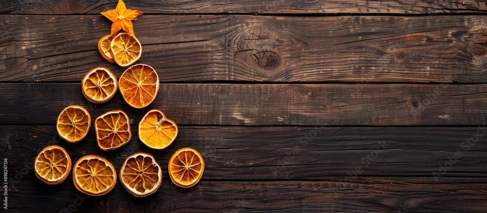 Poster dark wooden background showcases a christmas tree crafted from dried oranges offering copy space wit