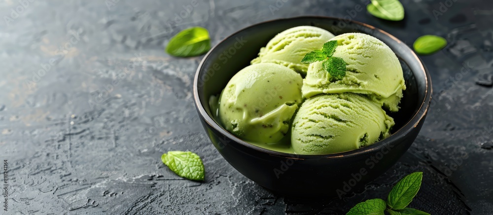Poster avocado flavored ice cream ready to eat garnished with a mint leaf in a copy space image