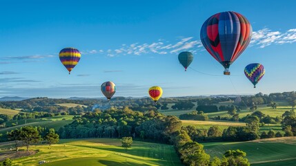 Fototapeta premium Hot Air Balloons Flying Over Lush Green Hills.