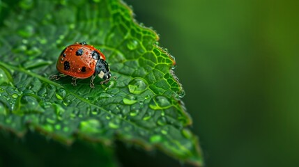 Obraz premium Ladybug on a Dew-Covered Leaf.